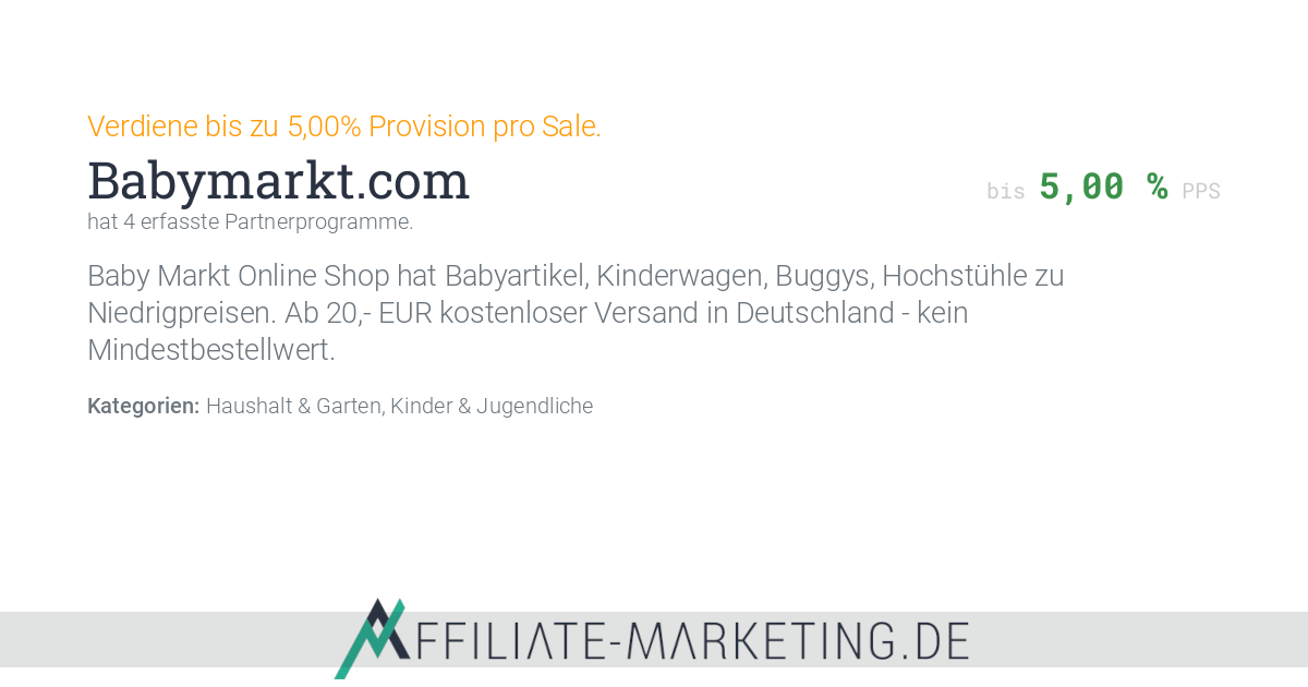 Babymarkt.com Partnerprogramm: bis zu 5,00% Provision pro Sale verdienen