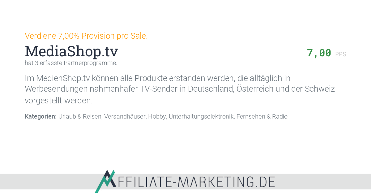 MediaShop.tv Partnerprogramm: 5,00% Provision pro Sale verdienen