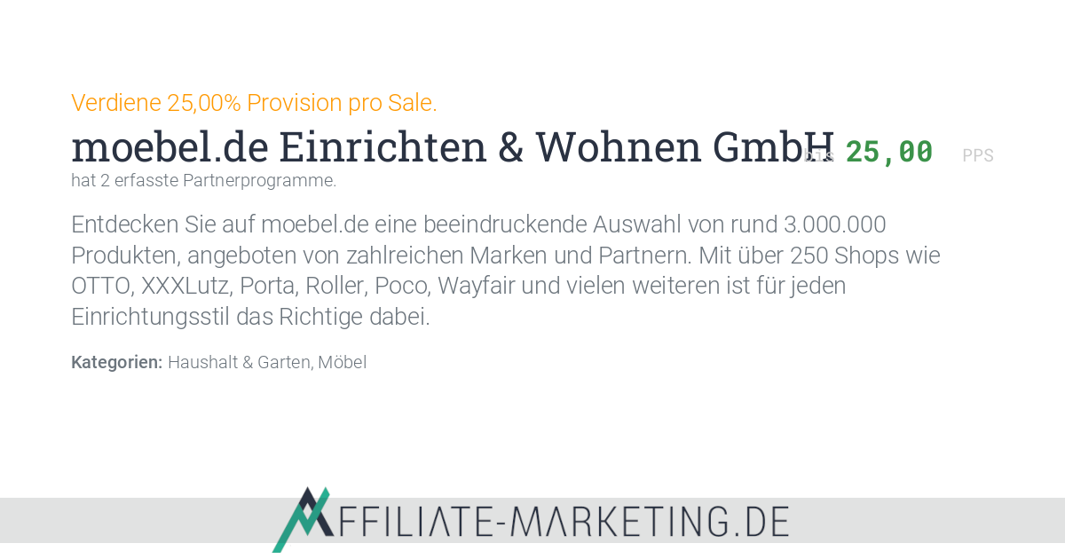 moebel.de Einrichten & Wohnen GmbH Partnerprogramm: 0,03 EUR Provision pro Lead verdienen